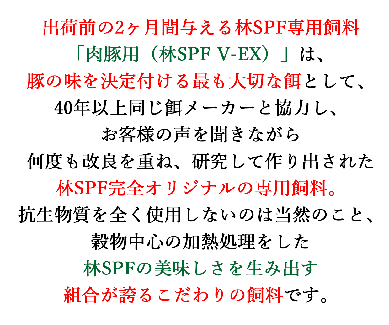 林SPFの専用飼料は通常の飼料に比べ、ビタミンBを２倍、ミネラルを３倍強化し、ムギ類を２０％配合！さらに、１１０℃の加熱処理をして豚に与える事で安全性も高く、豚への吸収も抜群です。